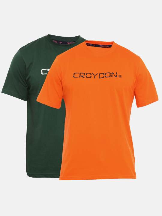 Orange And Green Crewneck Typographic Printed T-Shirt Combo