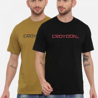 Black And Olive Crewneck Typographic Printed T-Shirt Combo
