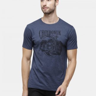 Blue Crewneck T-Shirt Chest Print Biker
