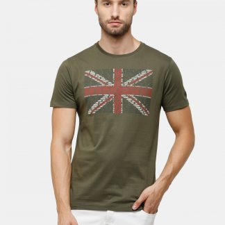 Olive Crewneck T-Shirt Union Jack Chest Print