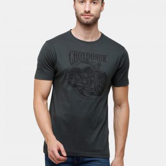 Dark Gery Crewneck T-Shirt Chest Print Biker
