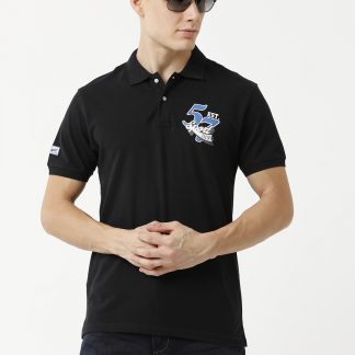 '57' Chest Print Polo Shirt- Black