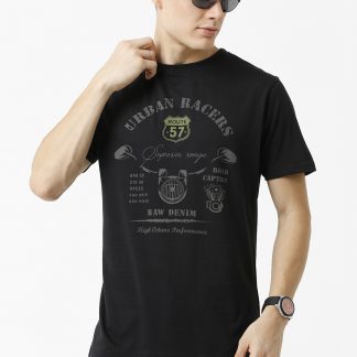 Vintage Biker Chest Print Crewneck T-Shirt - Black